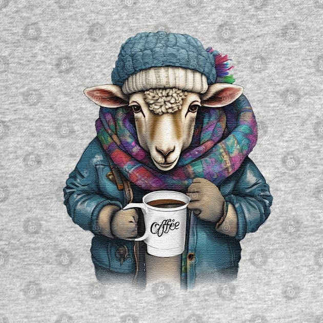 Sheep wearing a jacket holding a cup coffee by JnS Merch Store